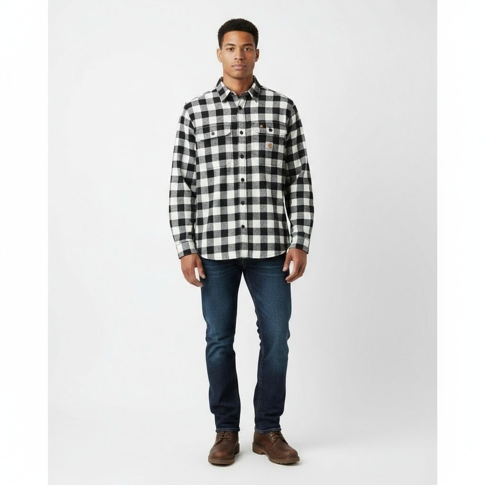 Carhartt Rugged Flex Relaxed Fit Plaid Flannel Shirt Mens XL Black White
